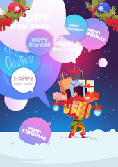 Elf Holding Stack Of Gifts Merry Christmas And Happy New Year Holiday Greeting Card Design Flat Vector Illustration