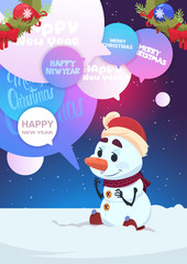 Cute Snowman Greeting With Merry Christmas And Happy New Year Holiday Card With Chat Bubbles Messages Flat Vector Illustration