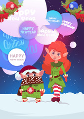 Cute Elfs Couple Greeting With Merry Christmas And Happy New Year Holiday Card Flat Vector Illustration