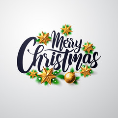 Merry Christmas Calligraphic Inscription Decorated with Golden Stars.Vector illustration EPS10