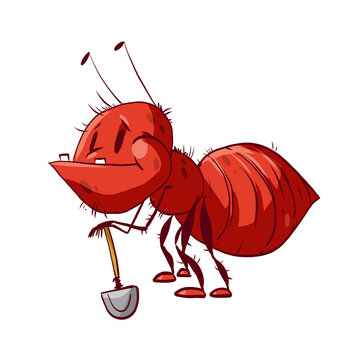 Colorful vector illustration of a funny red cartoon ant, holding a shovel