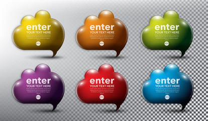 Abstract glossy speech bubbles set of 6. Bubble balloon quote in form of cloud. Cloud icon. Isolated with transparent glass shine and shadow on the light background. Vector illustration. Eps10.