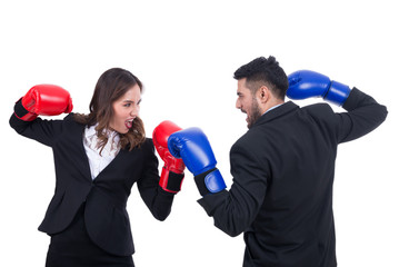 Business people boxing concept,woman hit man on white background,this has clipping path