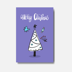 Merry Christmas Card Doodle Design Cute Hand Drawn Decorated Tree Isolated Postcard Vector Illustraion