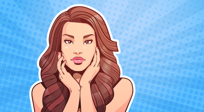 Portrait Of Beautiful Woman In Pop Art Style Female With Long Brown Hair Over Colorful Dot Background Vector Illustration