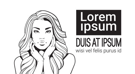 Sketch Portrait Of Beautiful Woman With Long Hair Touching Face Isolated On White Background With Copy Space Vector Illustration