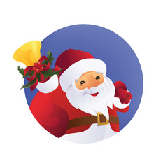 Santa Claus with gift bag and bell in hand.