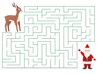 Christmas maze game for kids. Cartoon characters. Help deer find Santa Claus. Vector illustration. © Kristina