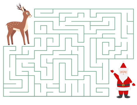 Christmas maze game for kids. Cartoon characters. Help deer find Santa Claus. Vector illustration.