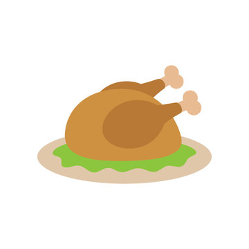 Thanksgiving roasted turkey on plate, vector illustration. Flat graphic icon, print, isolated on white background.