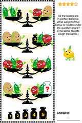 Visual math puzzle with scales, weights, potatoes, cucumbers and tomatoes: What weight of five below is hidden under the question mark? Answer included.
