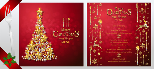 Obraz na płótnie Canvas Christmas Greeting and New Years dinner menu card templates with gold patterned and crystals on background color.