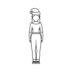 flat line  uncolord woman with  santa hat  over  white background vector illustration
