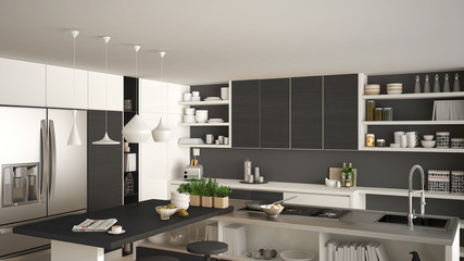 Modern wooden kitchen with wooden details, close up, island and gas stove with cooking pan, white and gray minimalistic interior design