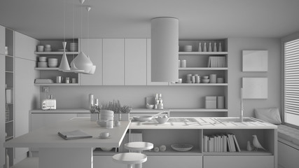 Total white project of modern wooden kitchen with wooden details, close up, island and gas stove with cooking pan, white minimalistic interior design