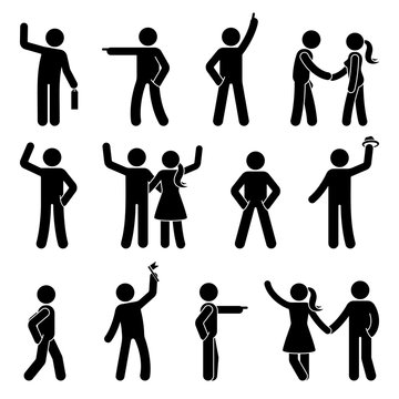 Stick figure different arms position set. Pointing finger, hands in pockets, waving person icon posture symbol sign pictogram on white
