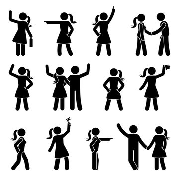 Stick Figure Different Arms Position Set. Pointing Finger, Hands In Pockets, Waving Person Icon Posture Symbol Sign Pictogram On White