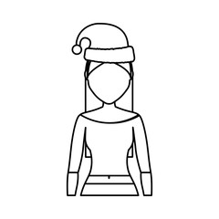 flat line  uncolord woman with  santa hat  over  white background vector illustration