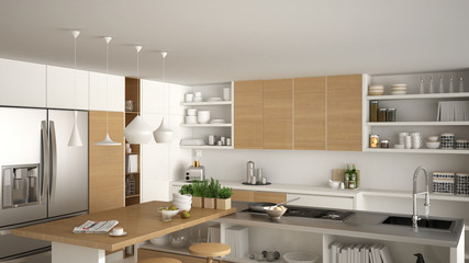 Modern wooden kitchen with wooden details, close up, island and gas stove with cooking pan, white minimalistic interior design