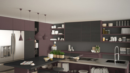 Modern wooden kitchen with wooden details, close up, island and gas stove with cooking pan, gray and red minimalistic interior design