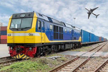 Fototapeta na wymiar Cargo train platform with freight train container with cargo airplane at depot in port use for export logistics background.