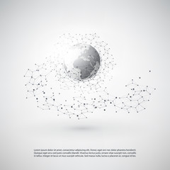 Cloud Computing and Networks Concept with Earth Globe - Global Digital Network Connections, Technology Background, Creative Design Template with Transparent Geometric Grey Wire Mesh