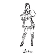 Waitress at work, holding glasses with beer , hand drawn doodle, sketch in pop art style, black and white vector illustration