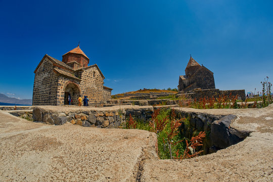 SEVANAVANK MONASTERY, ARMENIA - 02 AUGUST 2017: Famous Sevanavank Monastery Landmark on Lake Sevan in Armenia