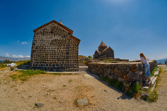 SEVANAVANK MONASTERY, ARMENIA - 02 AUGUST 2017: Famous Sevanavank Monastery Landmark on Lake Sevan in Armenia