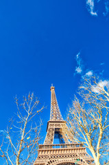 Upward view of Eiffel Tower on a beautiful sunny winter day - Paris - France