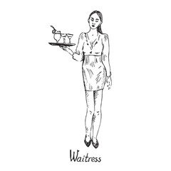Waitress at work, holding tray with cocktails, hand drawn doodle, sketch in pop art style, black and white vector illustration