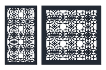 Set of cards to cut. Vector panels for laser cutting. The ratio 1:1, 1:2. Cut silhouette with geometric patterns. 