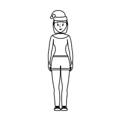 Fototapeta premium flat line uncolord woman with santa hat over white background vector illustration