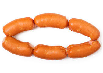Pile of sausages isolated on a white background. Flat lay. Top view