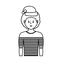 flat line  uncolored woman with  santa hat  over  white background vector illustration