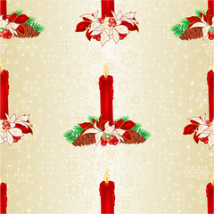 Seamless texture Christmas red candlelights with pine cones and bows  and poinsettia vintage vector illustration editable hand draw