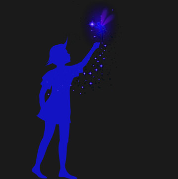 peter pan silhouette with fairy and blue sparckle,