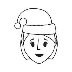 flat line uncolored woman face with santa hat over white background  vector illustration
