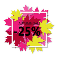 Autumn sale flyer template with lettering. Maple leaves in a white frame with shadow. Poster, card, label, banner design. 