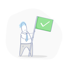 Businessman holding green flag with check mark. Business concept of success, goal, achievement and challenge. Flat outline isolated vector illustration on white background.