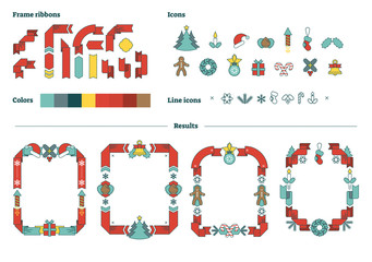 Illustrated Christmas vector frames constructor template set with icons and ribbons to use. 