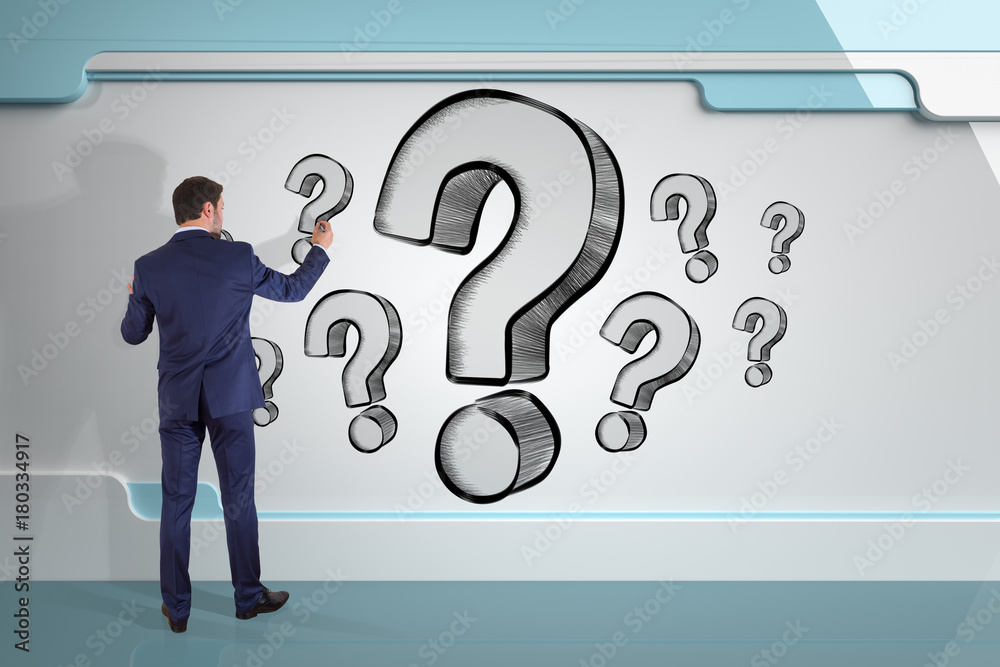 Poster Businessman drawing question marks sketch on a board 3D rendering