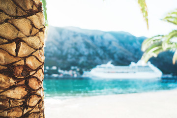 Blur palm tree and  palm leaf on a beach with bokeh sun light and cruise ship abstract background. summer vacation and business travel concept.