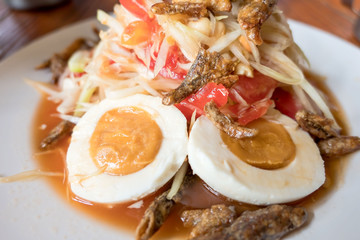 Som Tum Papaya salad with crab. spicy thai food.