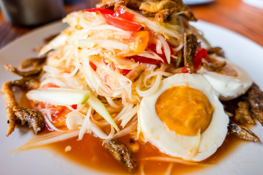 Som Tum Papaya salad with crab. spicy thai food.