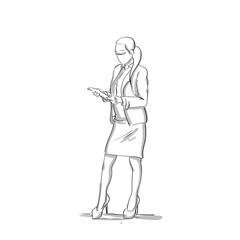Business Woman Reading Documents Sketch Silhouette Of Businesswoman Full Length On White Background Vector Illustration