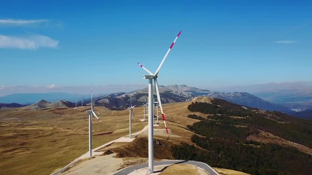 Gaint windmill turbines , wind energy turbines . Aerial drone