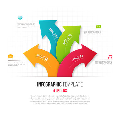 Infographics with 4 option branching circular arrows. Vector tem