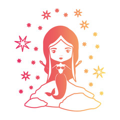 mermaid in a rock with stars in degraded magenta to yellow color contour