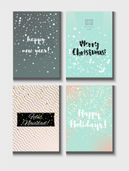 Christmas Card Vector Set with Lettering. Merry Christmas, Happy New Year, Feliz Navidad and Happy Holidays Text on Festive Background in Faded Blue, Pink, Grey, Snowfall. Tender Christmas Card Set